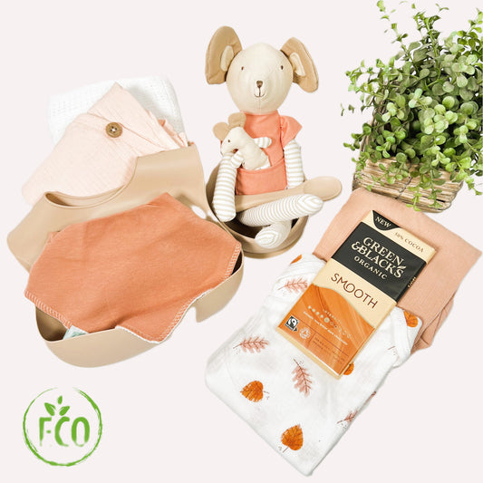 Delightful baby girl gift hamper with a set of 3 organic cotton baby bodysuits in peach and white, a silicone baby bib and bowl and spoon set, a linen baby soft toy which is a mouse abnd a baby mouse in her pocket and a bar of Green and Blacks chocolate