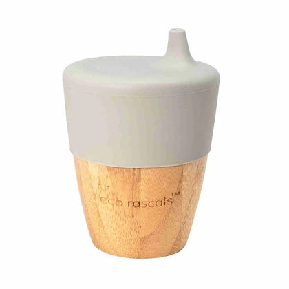 Eco Rascals bamboo baby sippy cup with grey silicone sippy lid.