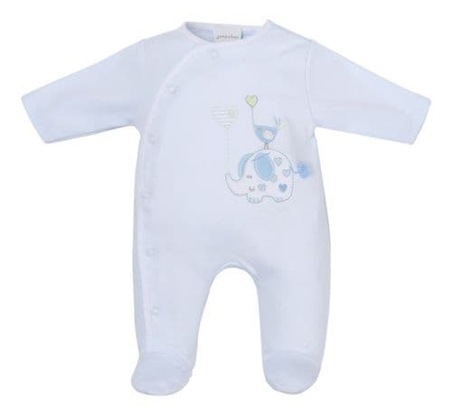 Blue cotton baby sleepsuit with an embroidered elephant and bird motif.