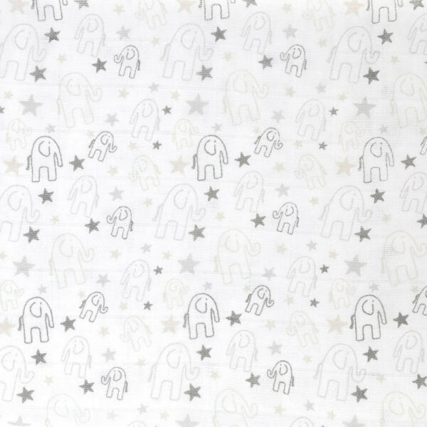 White baby muslin fabric with a repeating pattern of small elephant silhouettes and stars in light grey and beige.