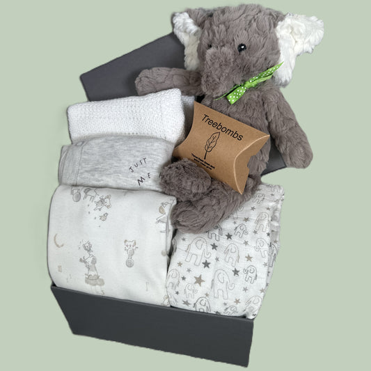 Baby gift hamper with plush elephant, blanket, babywear and baby muslin on a light green background