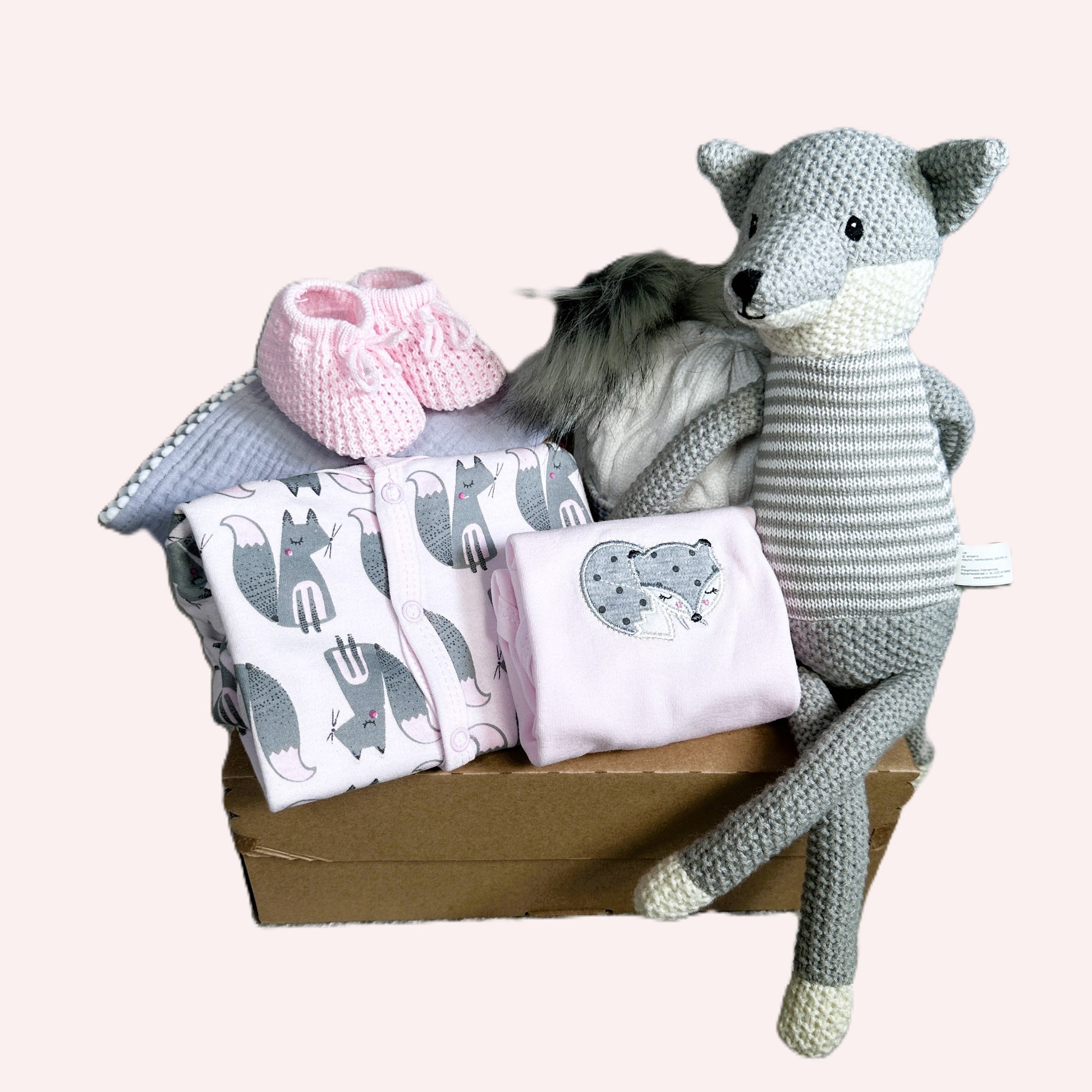 PINK NEW BABY HAMPER WITH FOX KNITTED TOY AND FOX PRINT BABY SLEEPSUIT