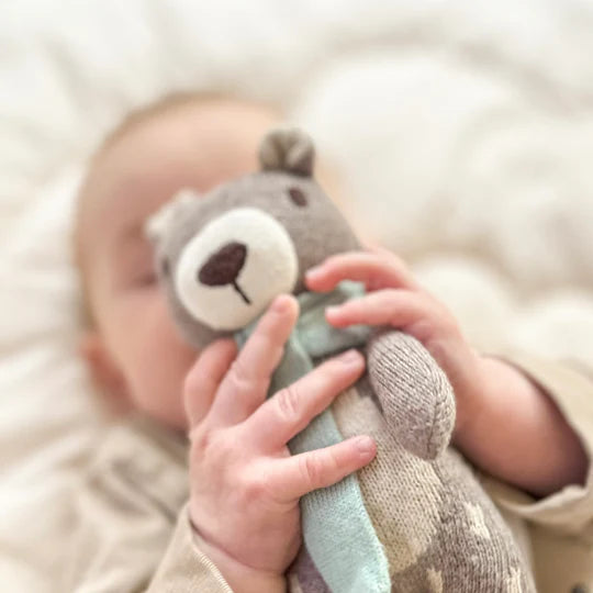 Baby holding a Fred the bear soft toy with a blurred background