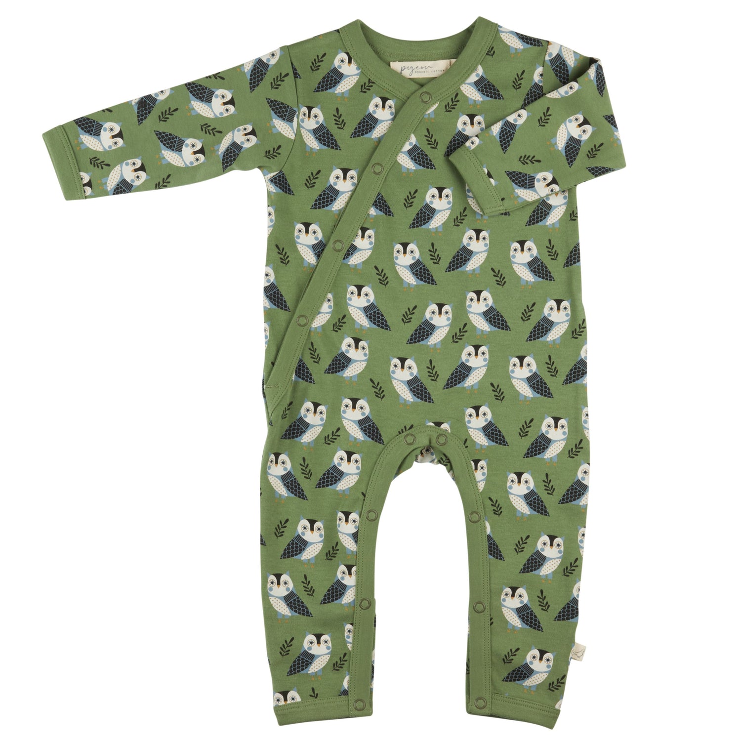 GOTS certified organic cotton baby sleepsuit in green with navy blue and white owl print.