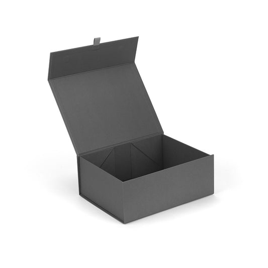 Open grey baby keepsake box on a white background
