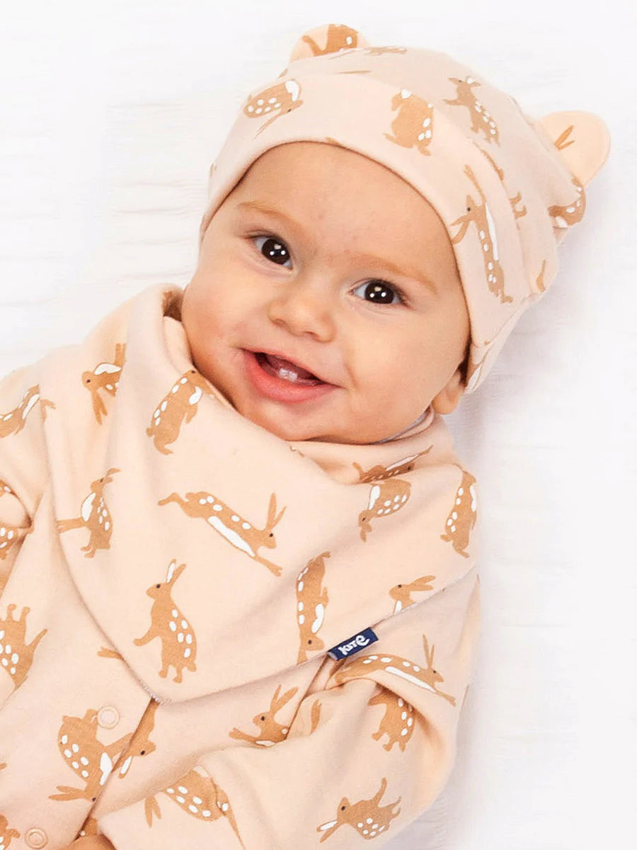 Organic cotton baby romper with hare print and matching bib and baby hat