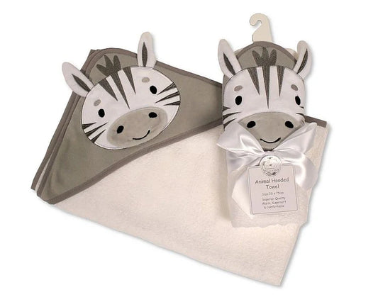 100% cotton white and grey hooded baby towel with a elephant face.