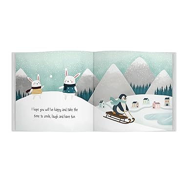 Illustrated book open to a snowy landscape with characters and text.