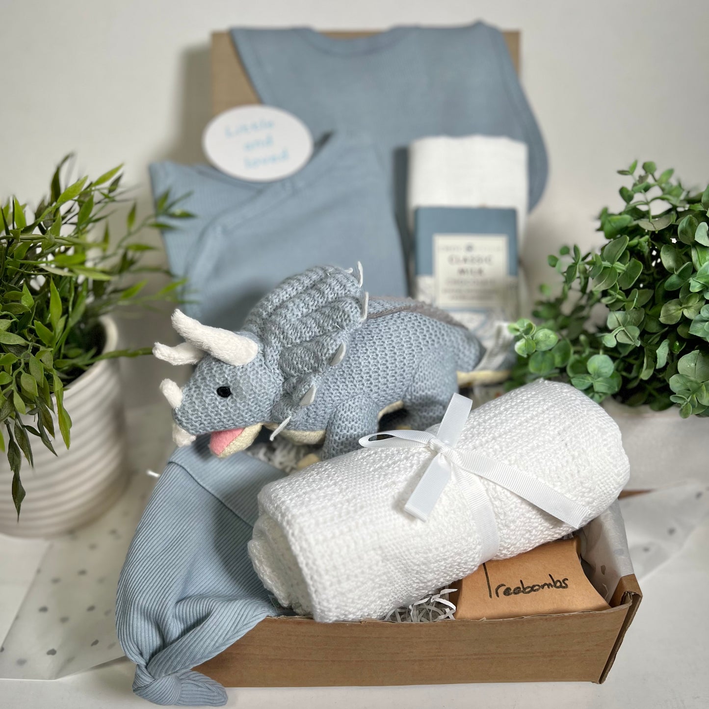 New baby boy gift comprising a blue knitted \triceroptops dinosaur soft toy, a white cotton cellular baby blanket, a white muslin square, a blue coton baby clothing set incluing a sleepsuit, dribble bib and bay knot hat, a Bar of Choc Affair milk chocolate a smapp reveresible baby photography disc and a pack of Treebombs.