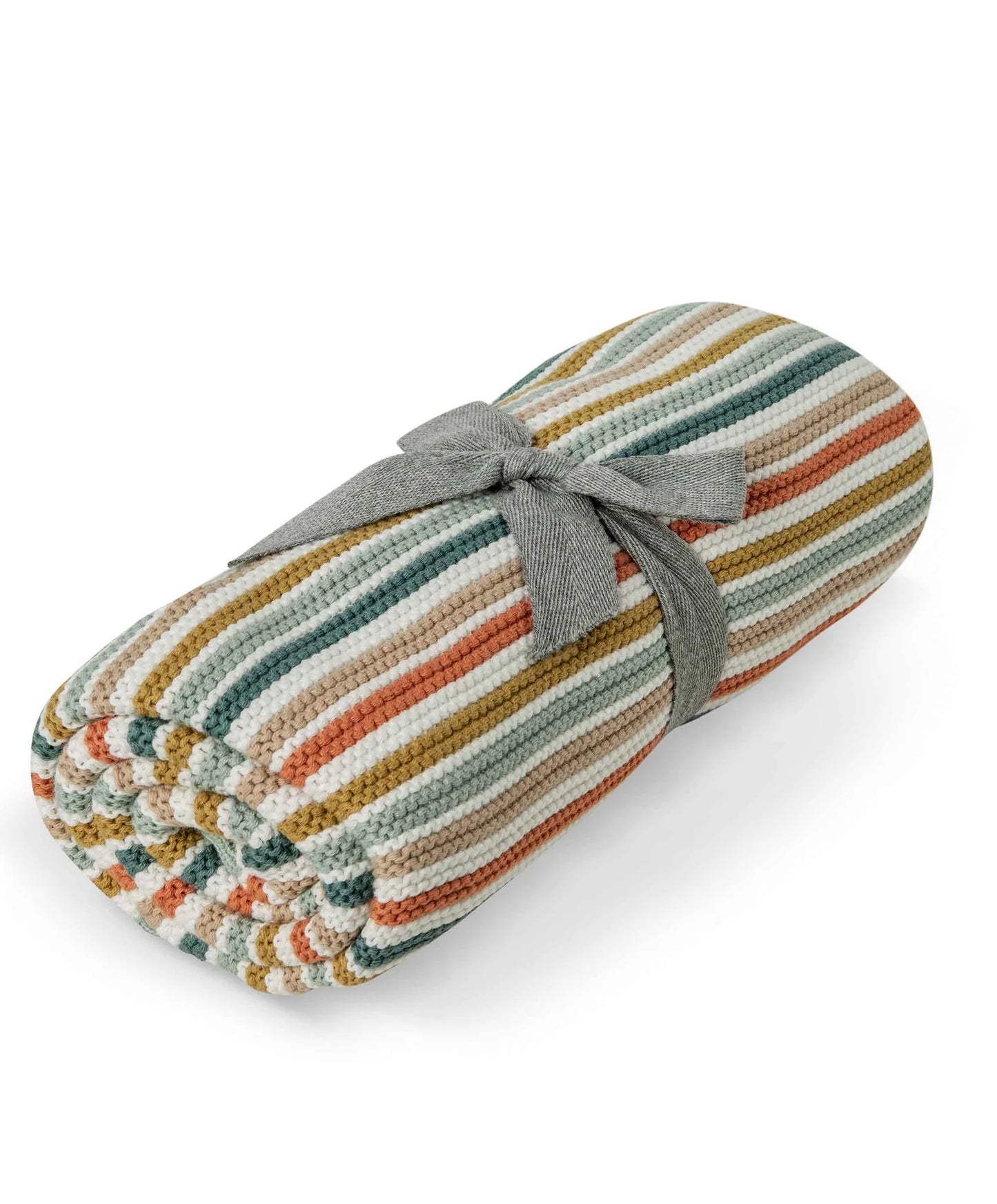 Striped cotton baby blanket in neutral colours, sage stone, ochre, cream and peppermint green.