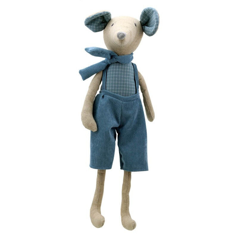 a 50cms linen mouse toy with corduroy shorts and matching neck tie 