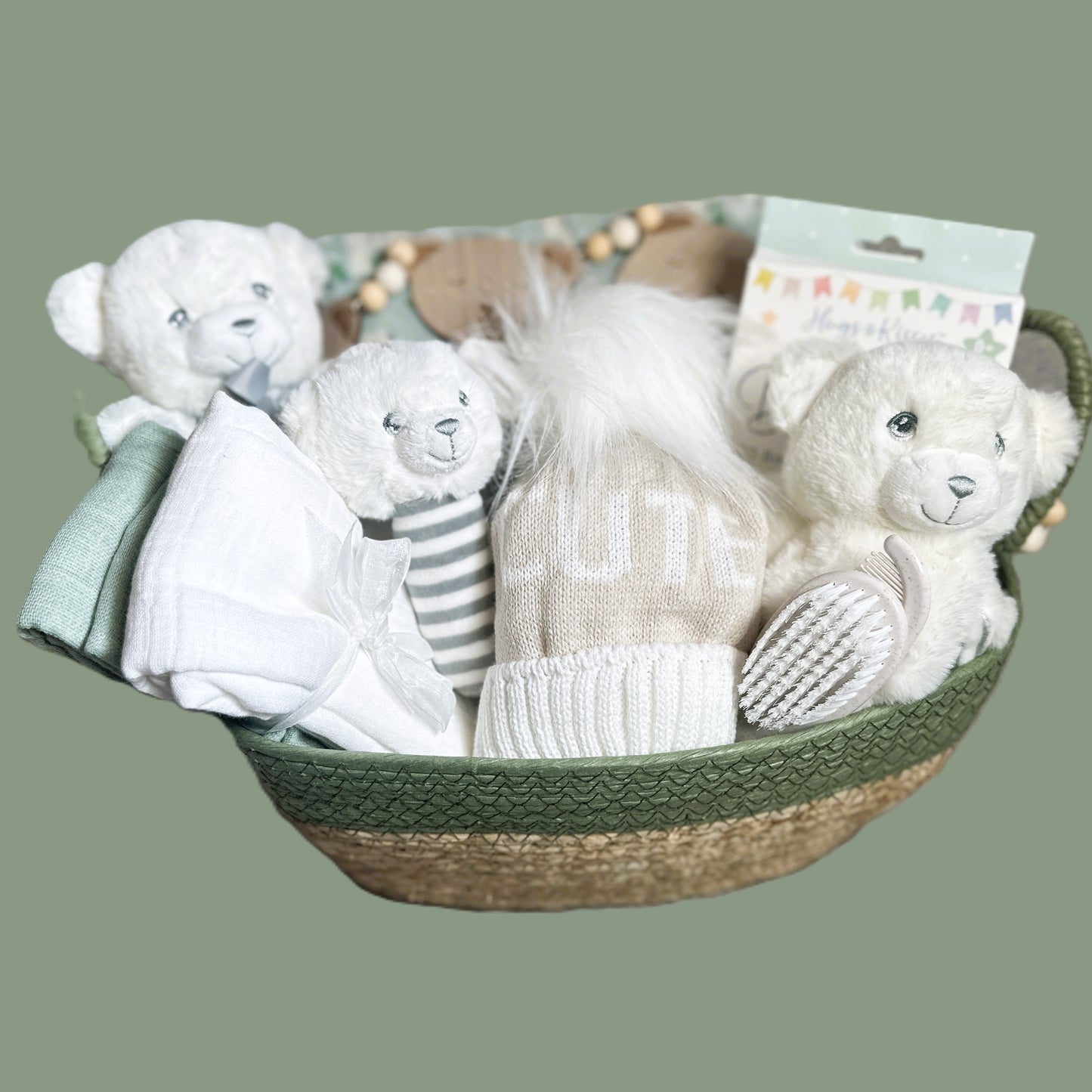 Little Cutie New Baby Gift Baskets, Green And White Baby Gifts, Baby Blankets.