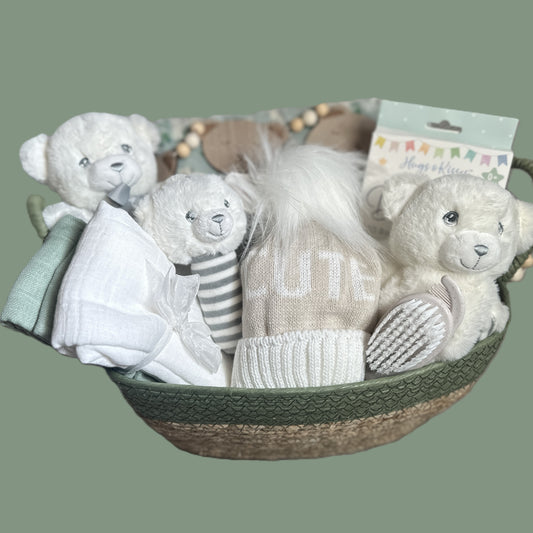 Little Cutie New Baby Gift Baskets, Green And White Baby Gifts, Baby Blankets.