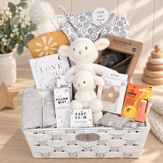 A new baby gift basket filled with baby items including a plush lamb toys, a knit hat with pom-pom, a baby blanket,  arranged in a white paper rope baby keepsake hamper.