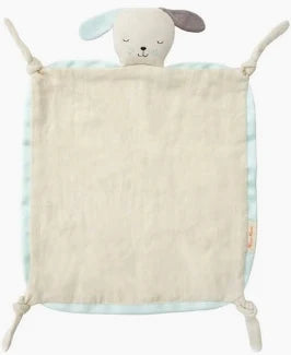 Merimeri baby comforter in line with green accents and ribbon edging