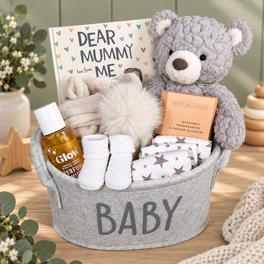 Baby and new Mummy hamper with Mary Meyer teddy, Glow perfume mist, baby book, baby pompom hat, baby dressing gown and baby muslins
