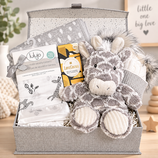 Neutral New Mum and Baby Gift, Baby Shower Gifts, Mary Meyer Giraffe Lovey, Chocolate.