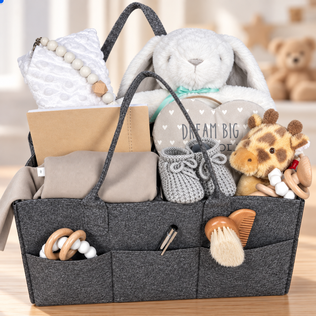 Neutral new baby nappy Caddy hamper gift containing a baby sleep suit in cotton with a matching baby knot hat, A new mummy journal and writing pen, a white soft baby blanket, a white cotton bandana baby bib, a "dream big little one" nursery plaque, a marble patterned silicone baby teething set, a white rabbit soft toy , a wooden baby hairbrush and comb set all in a grey nappy caddy.