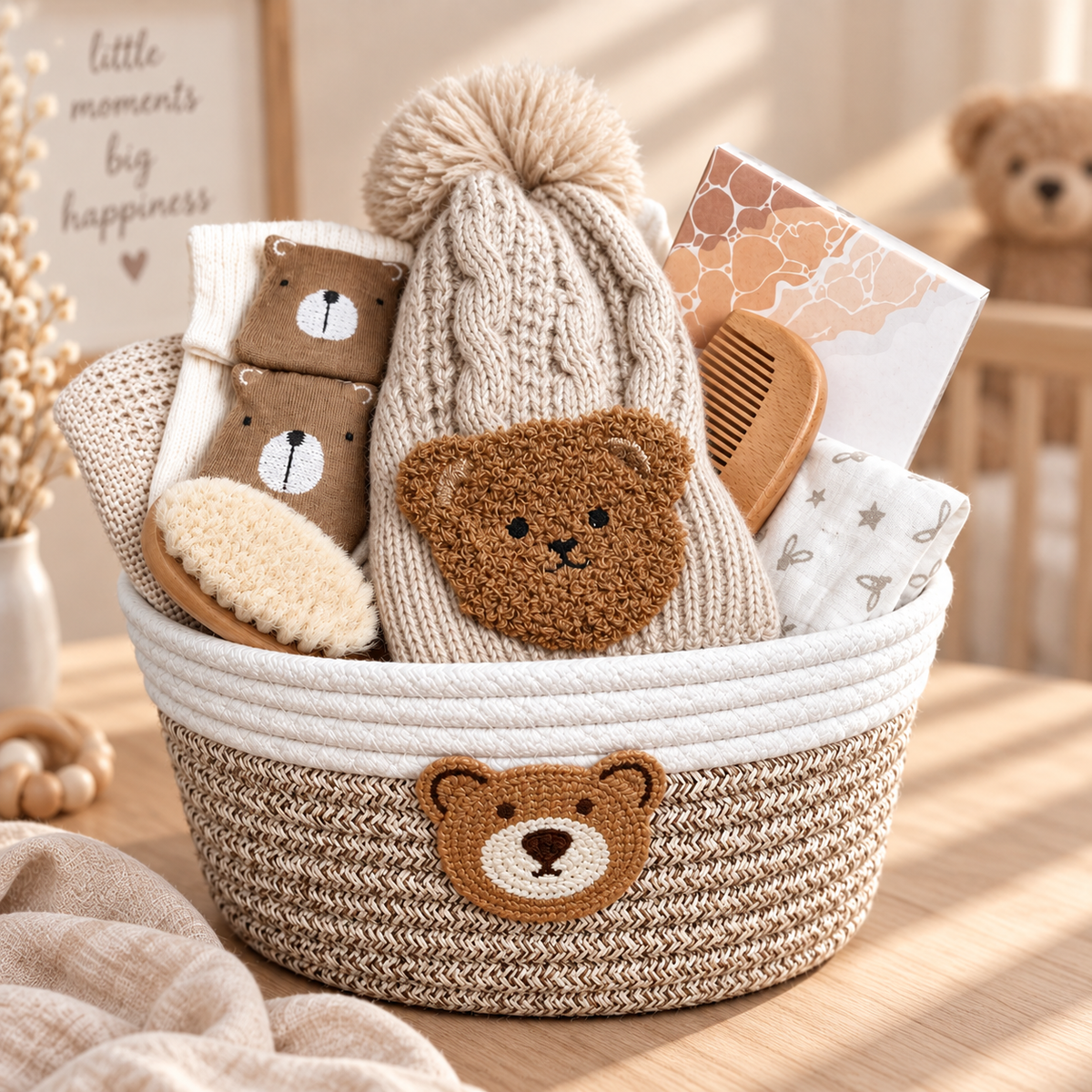 A baby gift basket filled with soft baby accessories, including a cream knit pom-pom beanie with a brown bear face patch, a wooden comb, a small brush, two brown bear-themed socks, and a patterned card, all arranged in a woven basket with a bear face applique.