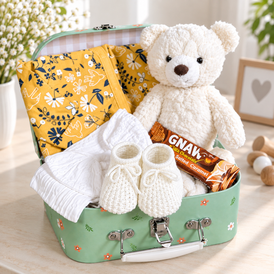 A curated baby girl hamper in a mint green baby keepsake case filled with a yellow floral cotton baby sleepsuit, a white baby headband, a cream teddy bear, white knit booties, and a GNAW caramel chocolate.