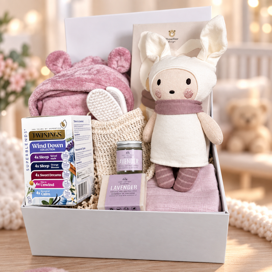Baby Girl hamper with knitted doll and baby dressing gown