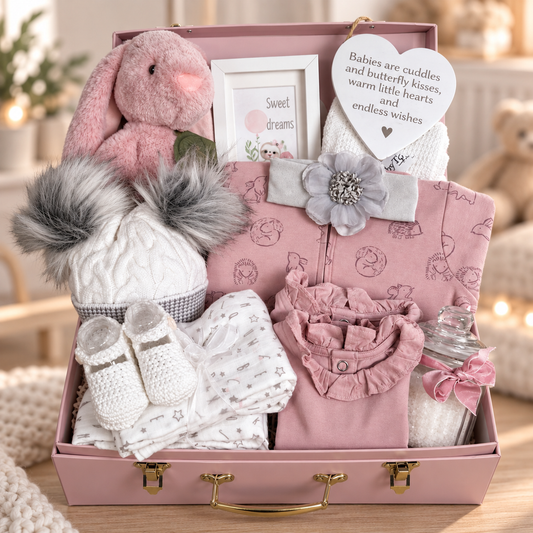 A curated pink and white baby gift hamper arranged inside a pink b by keepsake case. The set includes a pink plush bunny, a white knit baby hat with 2 grey pom-poms, white baby booties, folded pink and white clothing, a grey flower headband, coconut bath salt, and a heart-shaped nursery plaque that read, 'Babies are cuddles and butterfly kisses, warm little hearts and endless wishes.