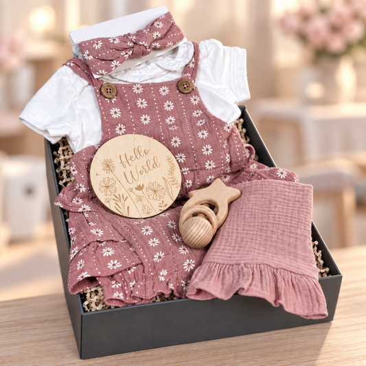Baby Girl Hamper, Pink Floral Print Baby Romper, Wooden Teething Toy