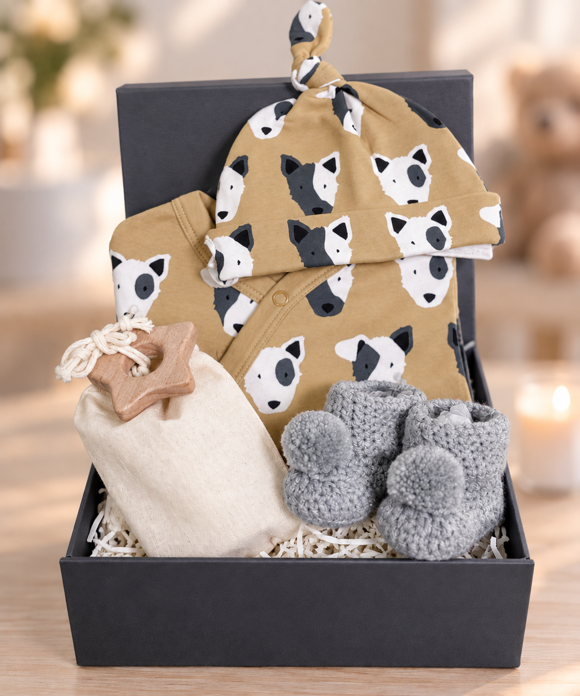 A curated baby gift hamper arranged in a dark grey baby keepsake box. The set includes a mustard organic cotton baby outfit and matching hat with a black-and-white dog face print, a cream drawstring pouch containing bath salts with a wooden star baby teether, and a pair of grey crocheted baby booties with pom-poms.