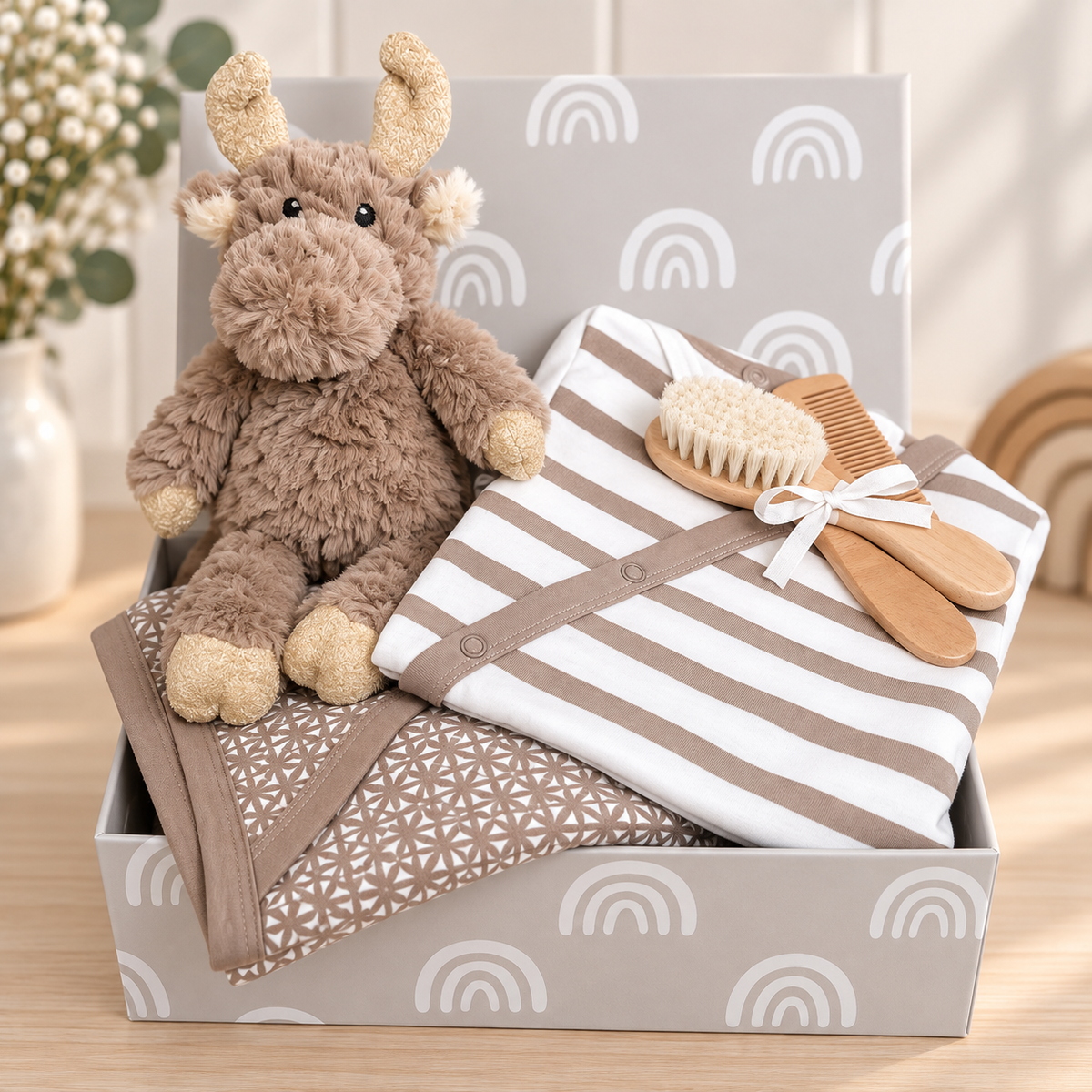 A baby gift set in a patterned box featuring a plush brown moose toy, a striped organic cotton sleepsuit, a patterned hooded baby blamket, and a wooden baby brush and comb tied with a white ribbon.