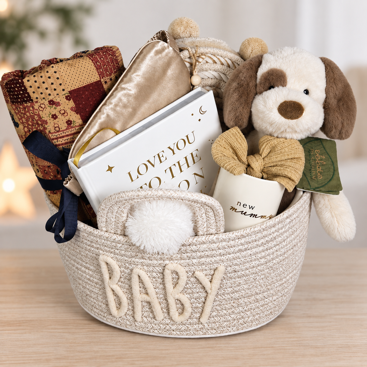 A baby gift basket filled with curated items including a plush dog toy, a white baby photo album with gold text, a satin eye mask, a patchwork print baby tummy time mat, and a cream woven basket with the word “BABY” in raised letters, set on a light wood surface.
