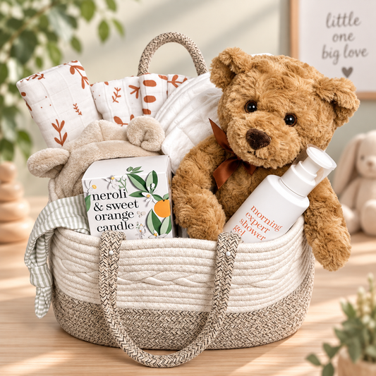 A curated neutral new mummy and baby hamper basket filled with a brown teddy bear, patterned baby muslins, a scented candle, and a shower gel bottle, baby robe, baby knotty hat etc set on a wooden surface with a soft blurred nursery background.