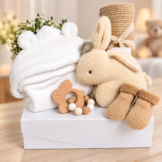 A Beautiful new baby hamper with a Bambam musical Bunny, a pair of baby socks, a baby dressing gown, cellular baby blanket and a bunny wood and  a silicone teething ring.