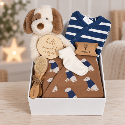 Baby hamper containing two organic cotton rompers with fold over cuffs and feet. One is a blue and white horizonal stripe and the other the same colours but with a labrador dog print. A baby brush and comb set and an Ebba Toddy dog soft baby toy.