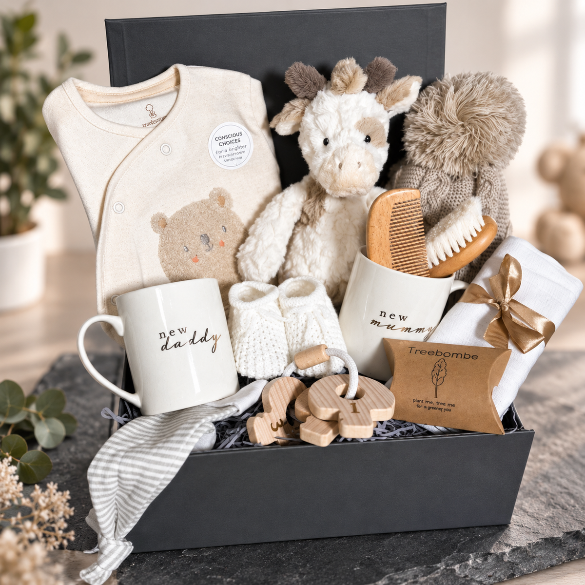 baby shower gift containing new mummy and daddy china mugs, a cotton baby sleepsuit, a baby brush and combs set, 1 baby pompom hat and a Mary Meyer Putty nursery giraffe soft baby toy