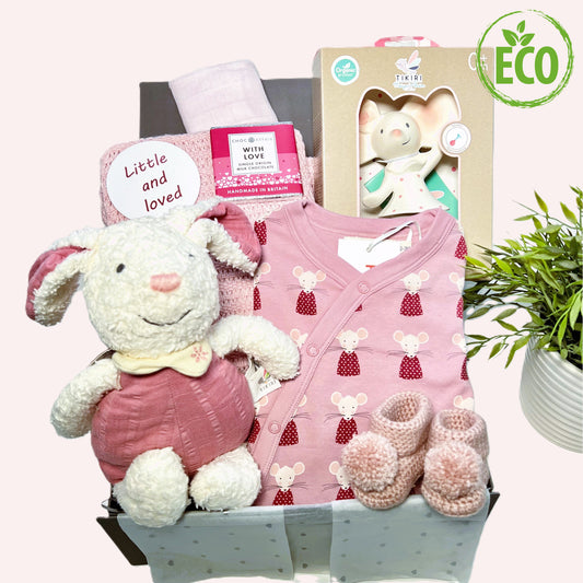 Newbaby girl hamper gift, GOTS certified organoc cotton bunny baby soft to and mouse print baby romper, pink cotton cellular baby blanket, Tikiri Meiya mouse Squeaker. pink crocheted baby booties, pink muslin square, baby keepsake box.