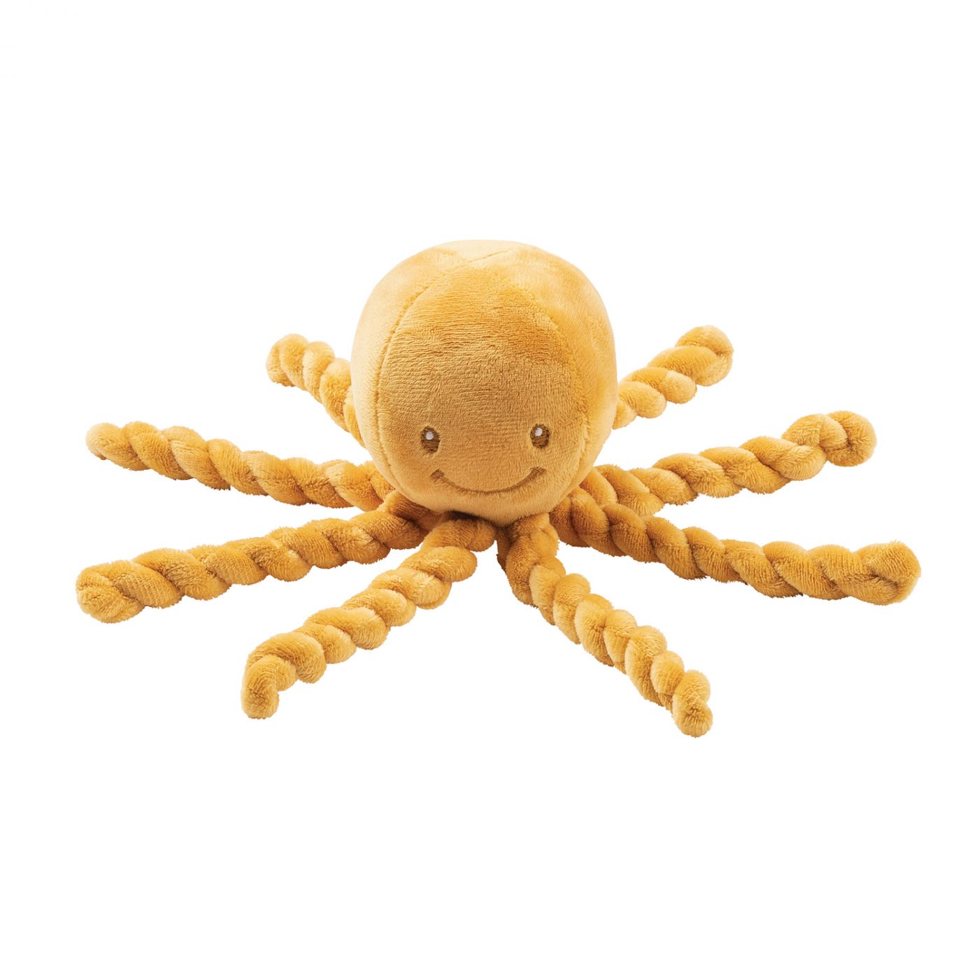 A mustard coloured octopus soft baby toy with tentacle's that replicate the feel of the umbilical cord in shape.