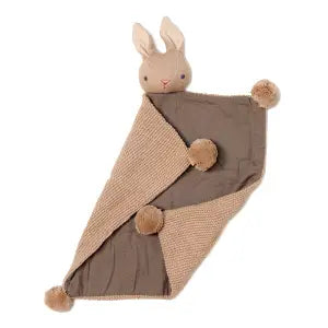 Organic cotton baby comforter blankie in organic cotton and linen. Taupe in colour with an embroidered face.