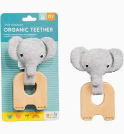 Organic teether with elephant design on a blue card