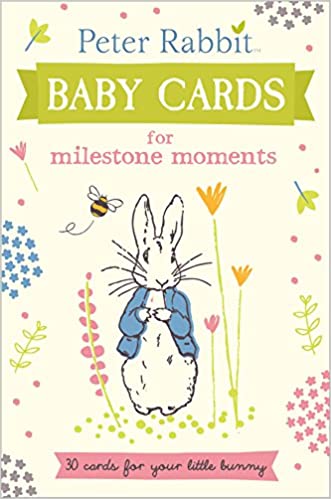  Peter Rabbit milestone moments baby cards with a bunny illustration on a floral background
