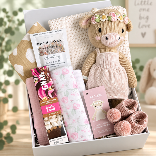 A baby gift box filled with soft items including a knitted cow doll, bath salts, a bar of chocolate, a floral baby muslin, and pink crocheted pom-pom booties in a white baby keepsake box box.
