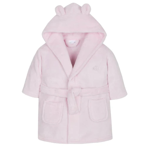 Pink baby dressing gown with hood.