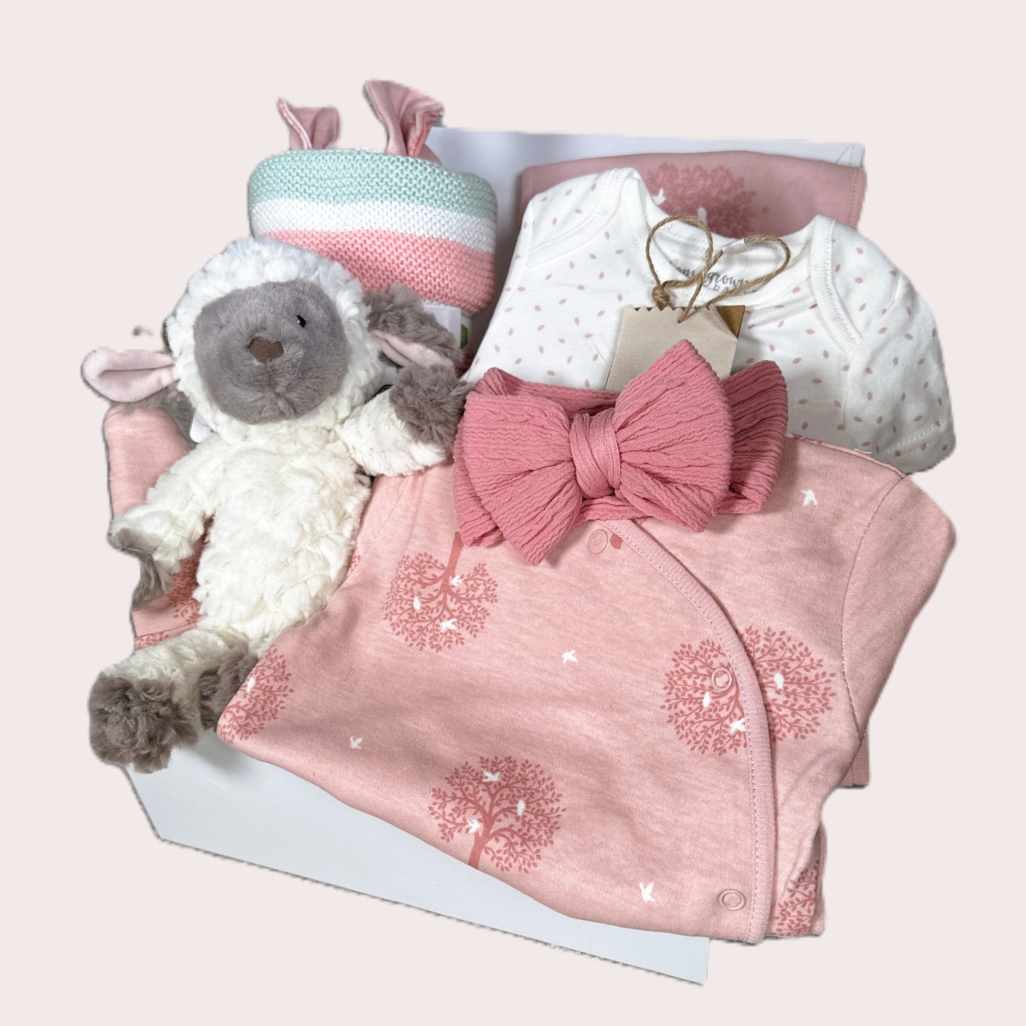 Baby girl gift hamper with pink baby blanket, plush toy, and other items on a light pink background