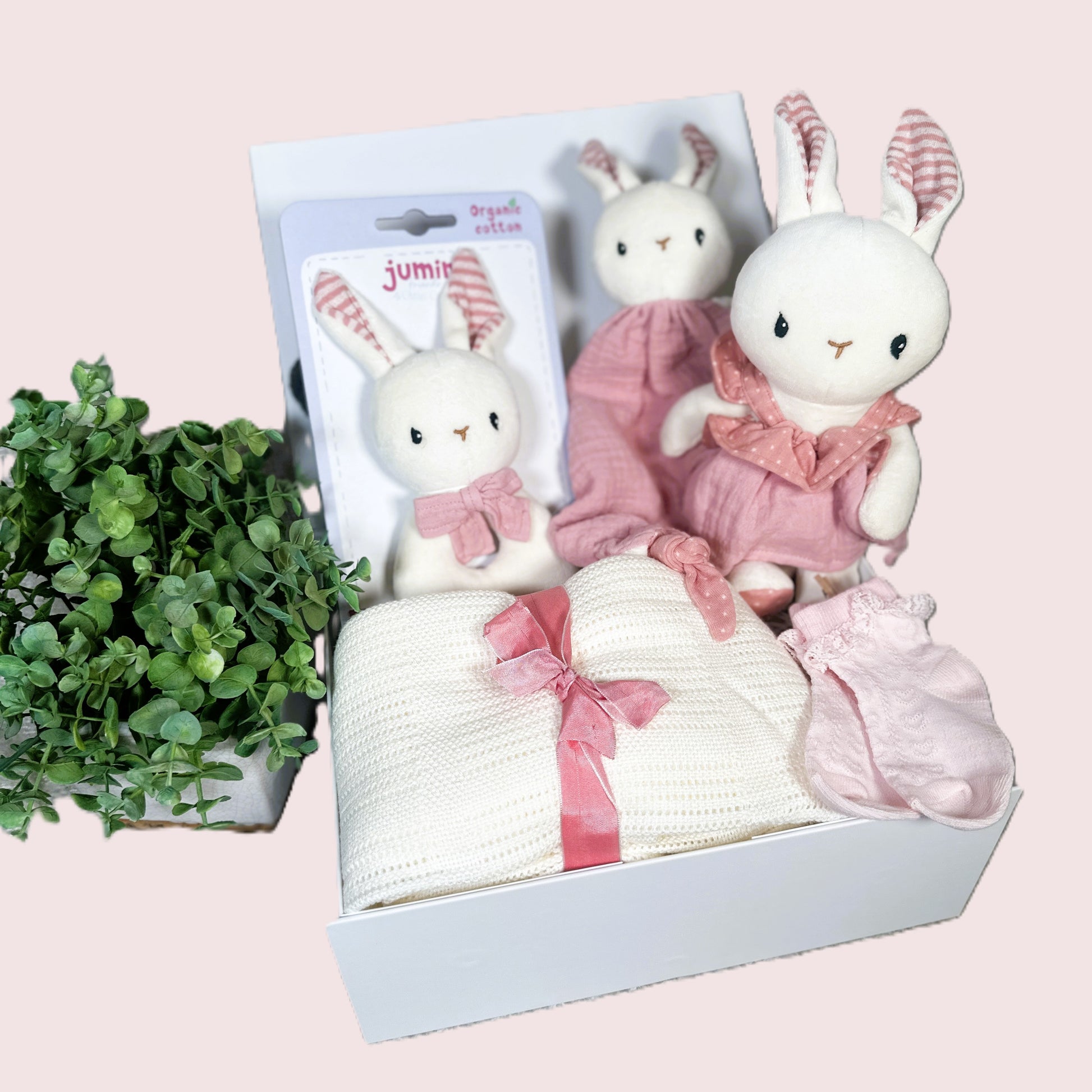 Pink bunny baby hamper with baby blanket