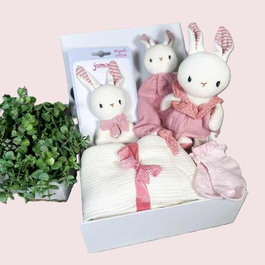 Pink bunny baby hamper with baby blanket