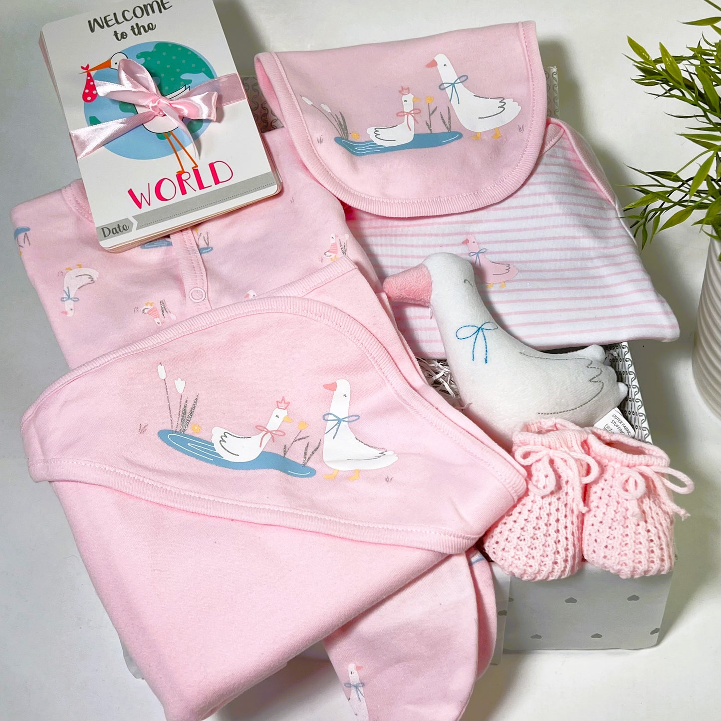 Pink New Baby Girl Gift Hamper Box, Roack-a-bye Baby Geese Layette Set, Baby Shower Gifts for Girls