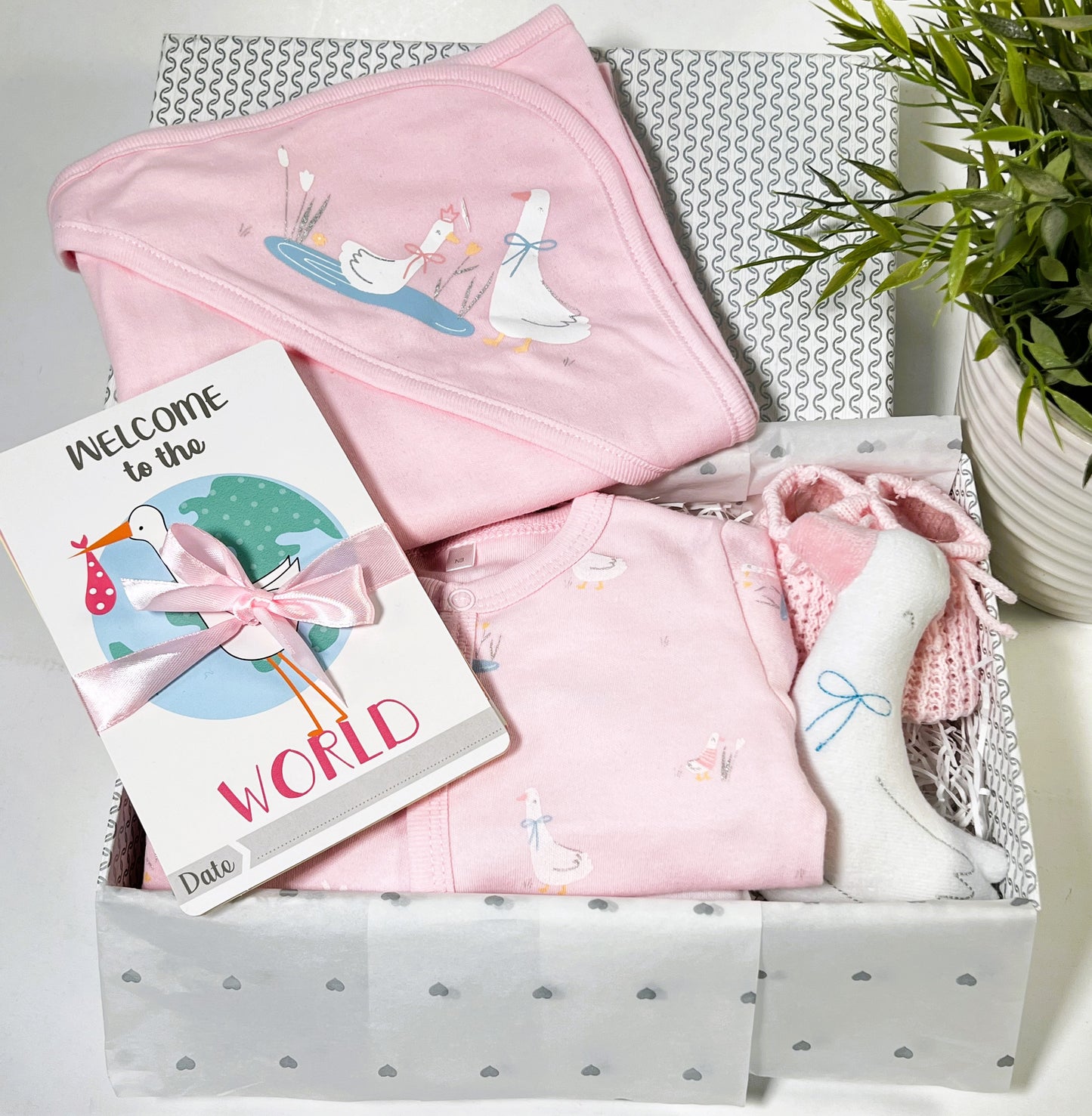 Pink New Baby Girl Gift Hamper Box, Roack-a-bye Baby Geese Layette Set, Baby Shower Gifts for Girls