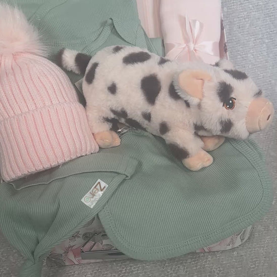 Video of a baby girl hamper with sage green baby clothing, a pink pompom hat and piglet soft baby toy in a keepsake case.