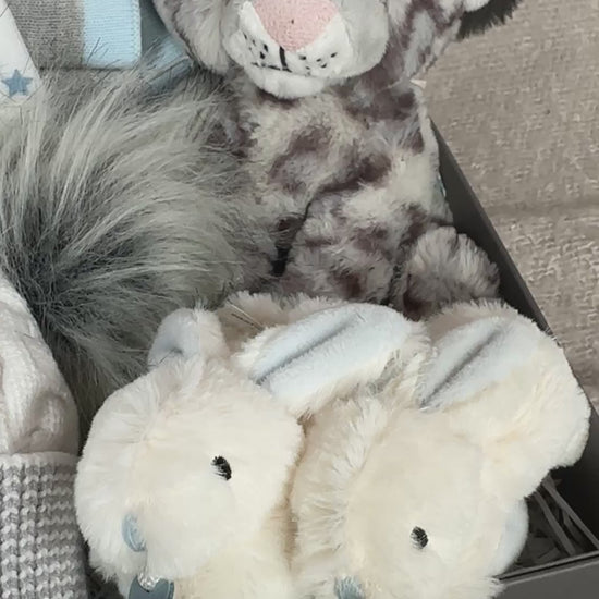 video of a blue new baby boy hamper