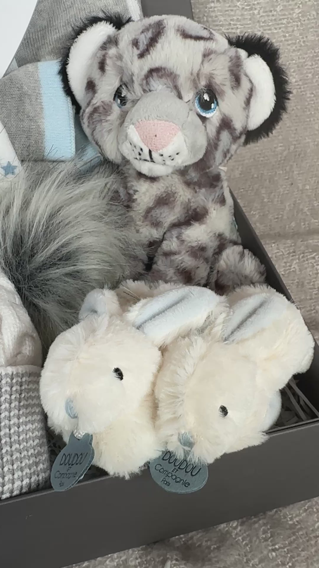 video of a blue new baby boy hamper