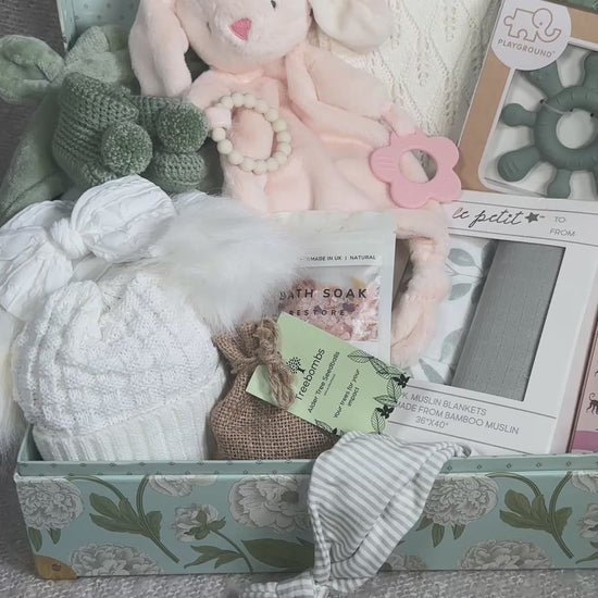 video of a luxury new baby girl hamper